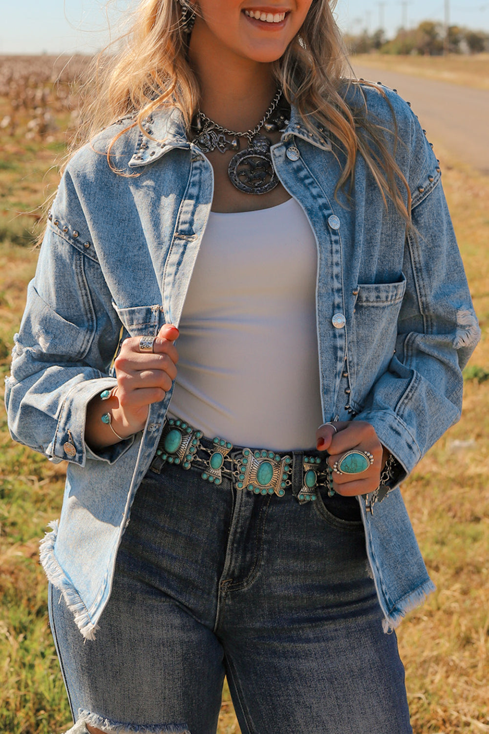 Studded Acid Wash Long Sleeve Denim Jacket - The Daily Makeover