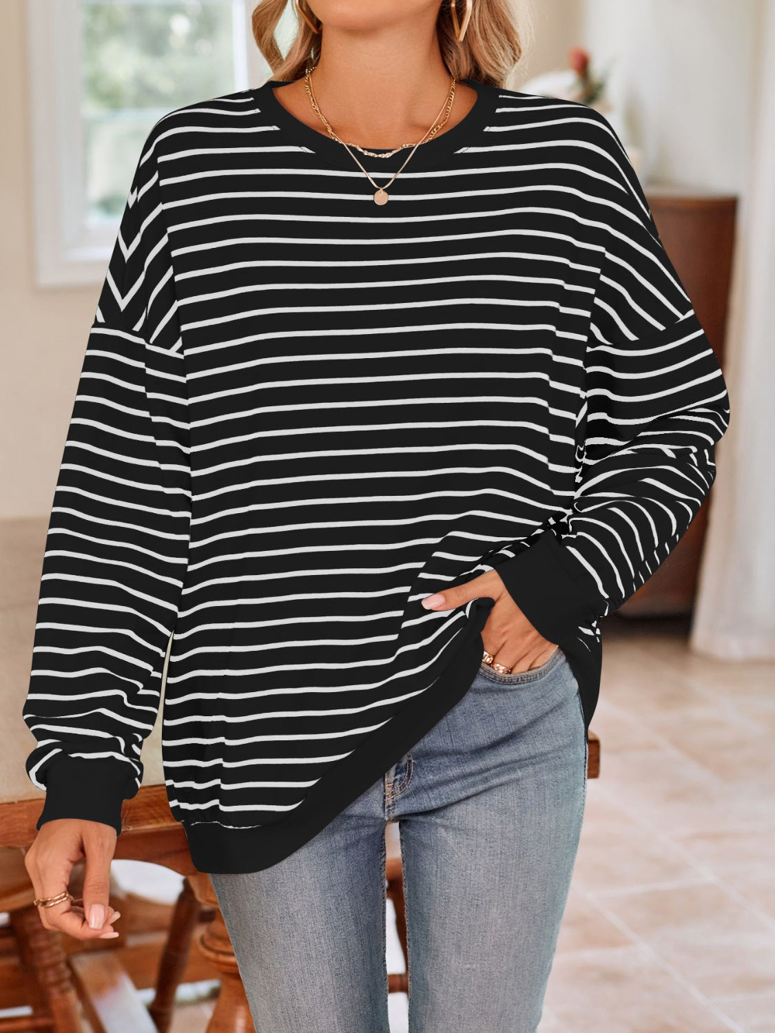 Lovelet Striped Round Neck Long Sleeve Sweatshirt - The Daily Makeover