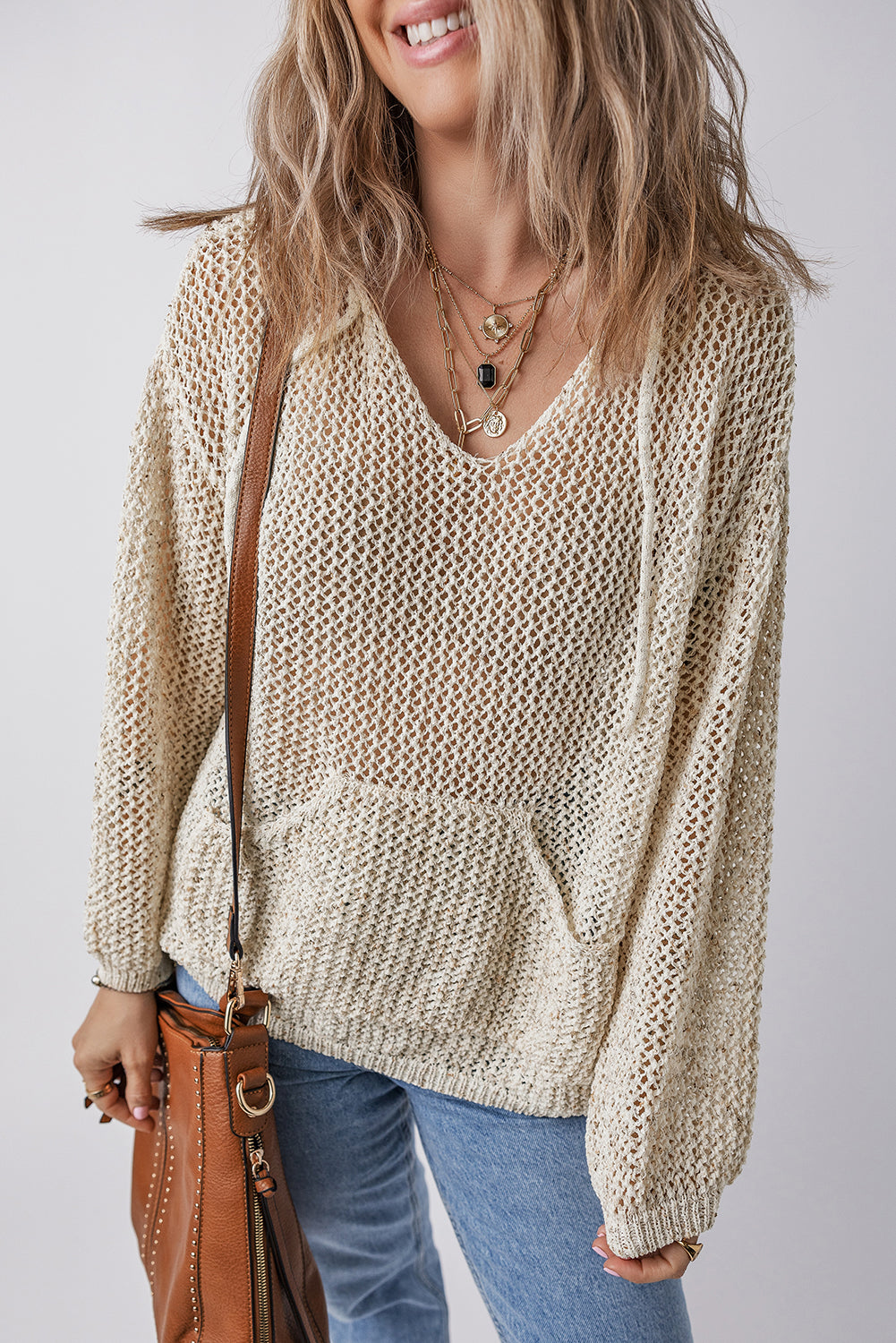 Openwork Dropped Shoulder Hooded Knit Top - The Daily Makeover