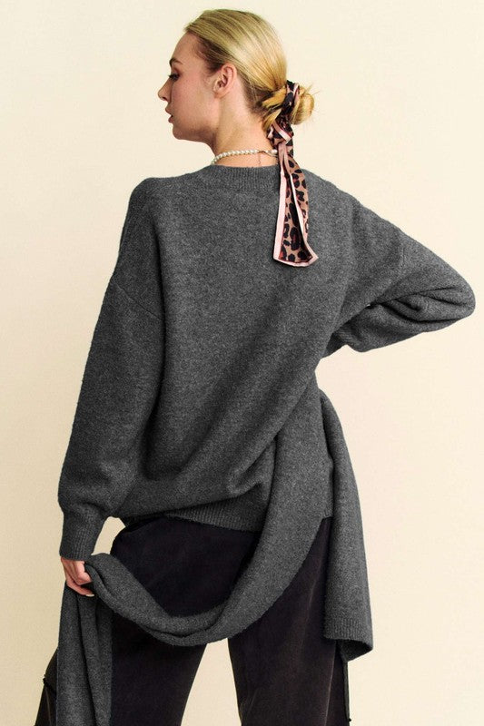 Davi & Dani V-Neck Dropped Shoulder Sweater with Scarf Set - The Daily Makeover