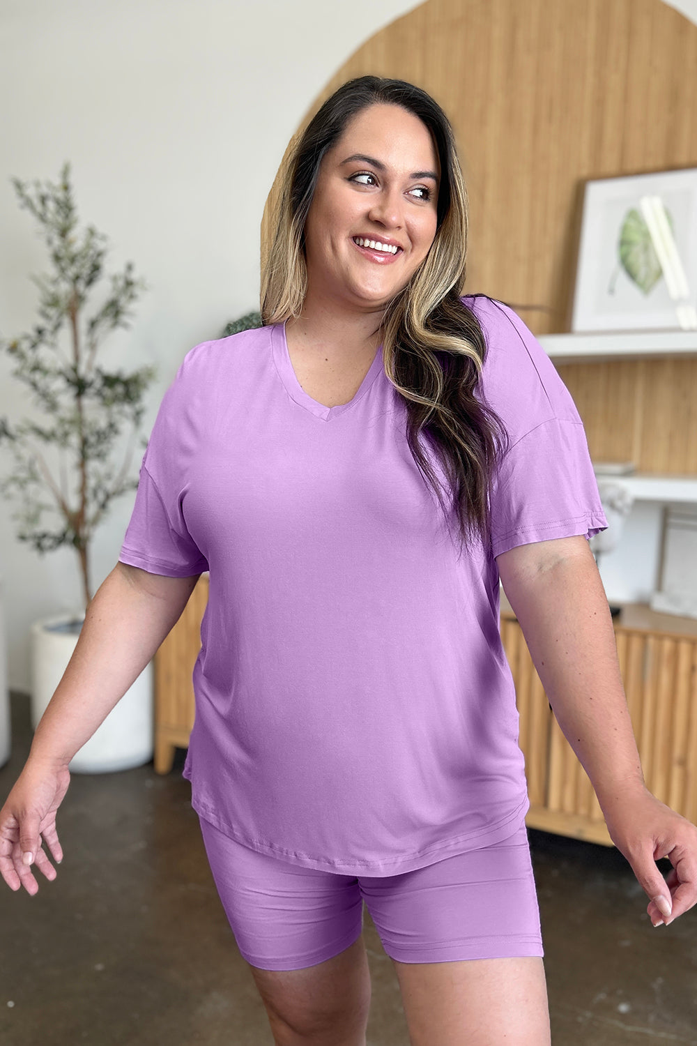 Bamboo Full Size V-Neck Drop Shoulder T-Shirt and Shorts Set - The Daily Makeover