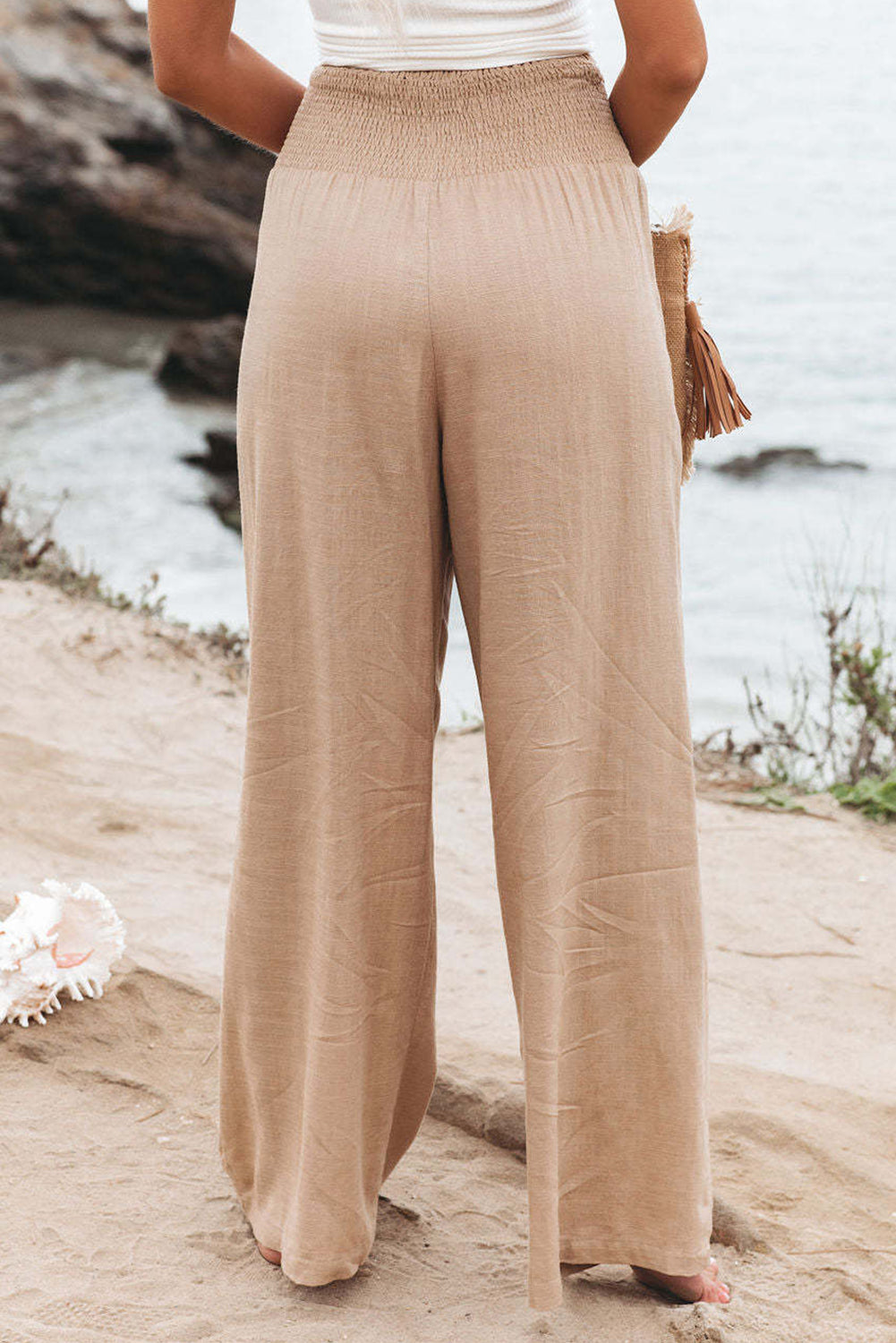 Khaki Smocked Wide Waistband High Waist Wide Leg Pants - The Daily Makeover
