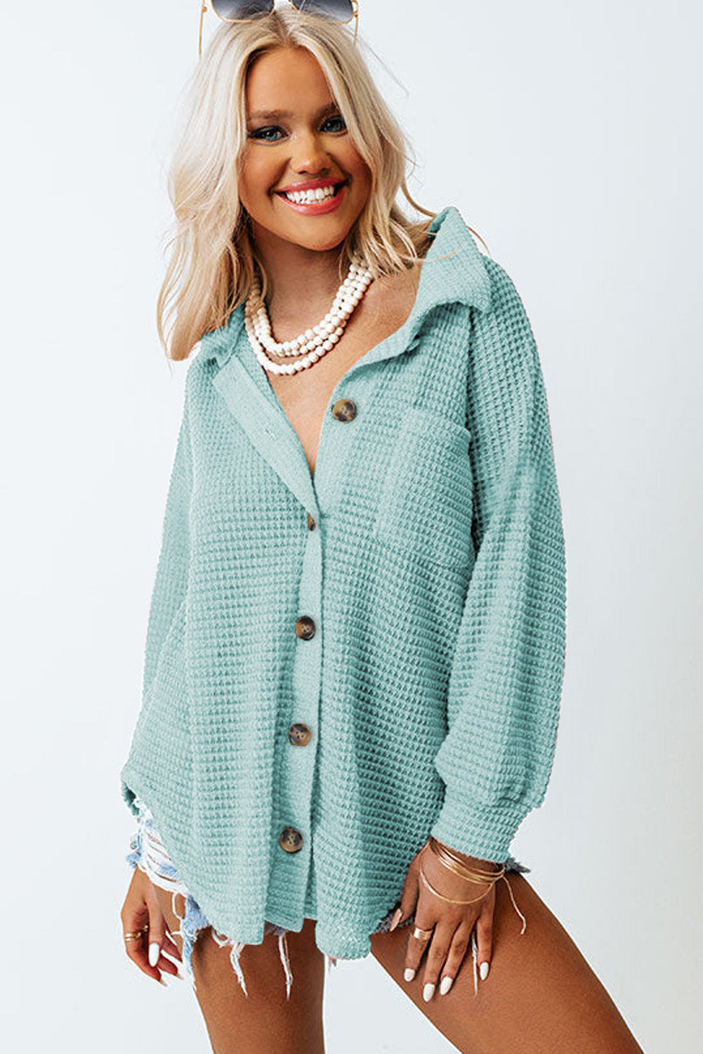 Waffle-Knit Collared Neck Long Sleeve Shirt - The Daily Makeover
