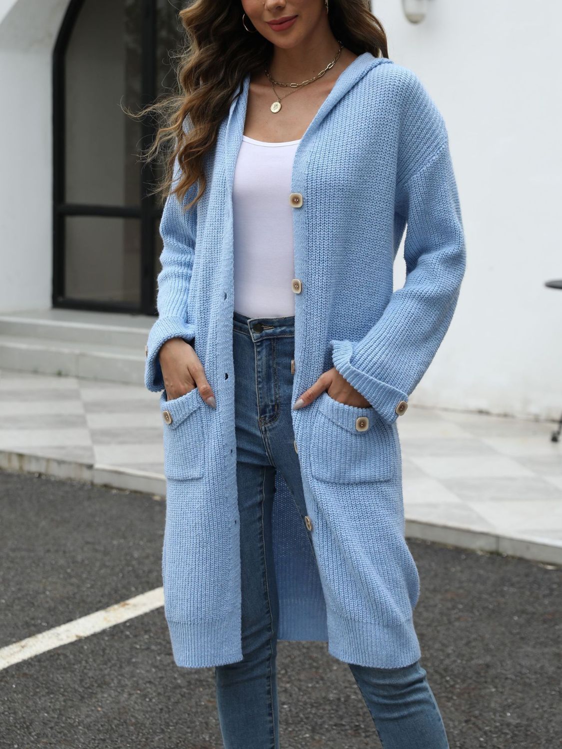 Pocketed Button Up Long Sleeve Hooded Cardigan - The Daily Makeover
