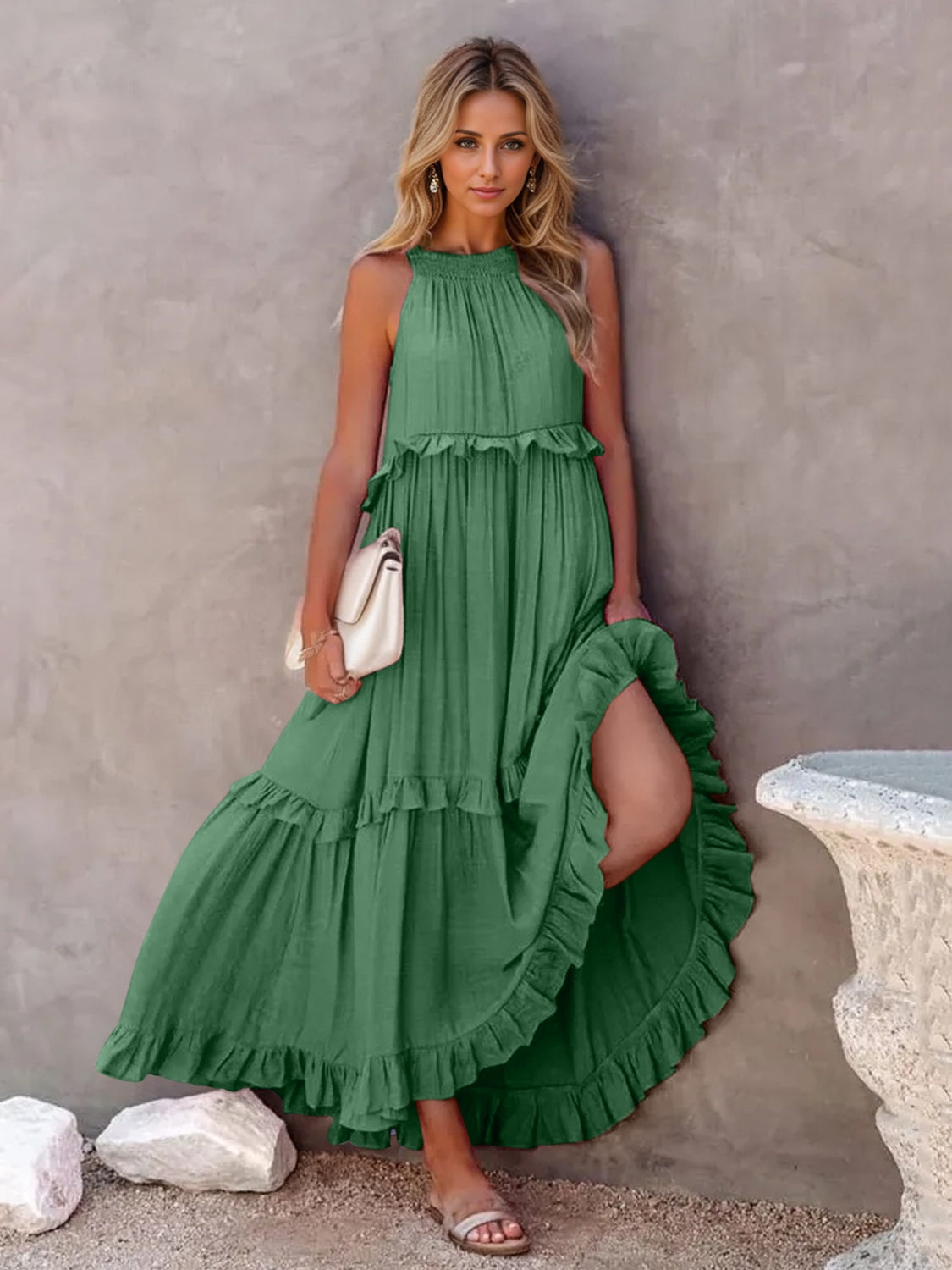 Ruffled Sleeveless Tiered Maxi Dress with Pockets - The Daily Makeover