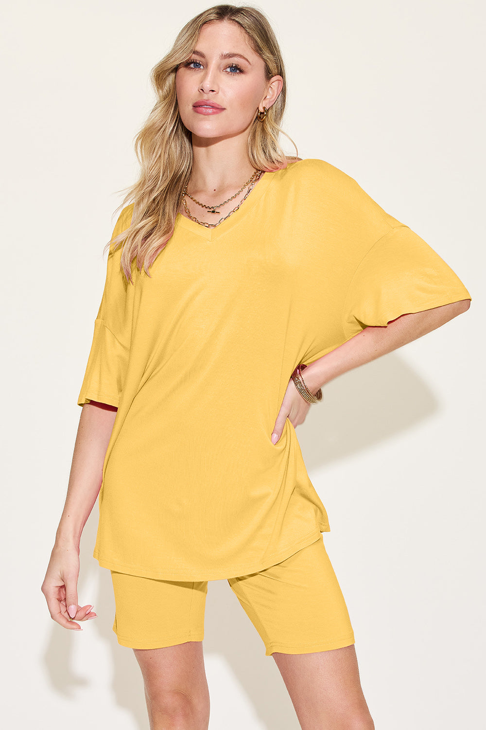Bamboo Full Size V-Neck Drop Shoulder T-Shirt and Shorts Set - The Daily Makeover