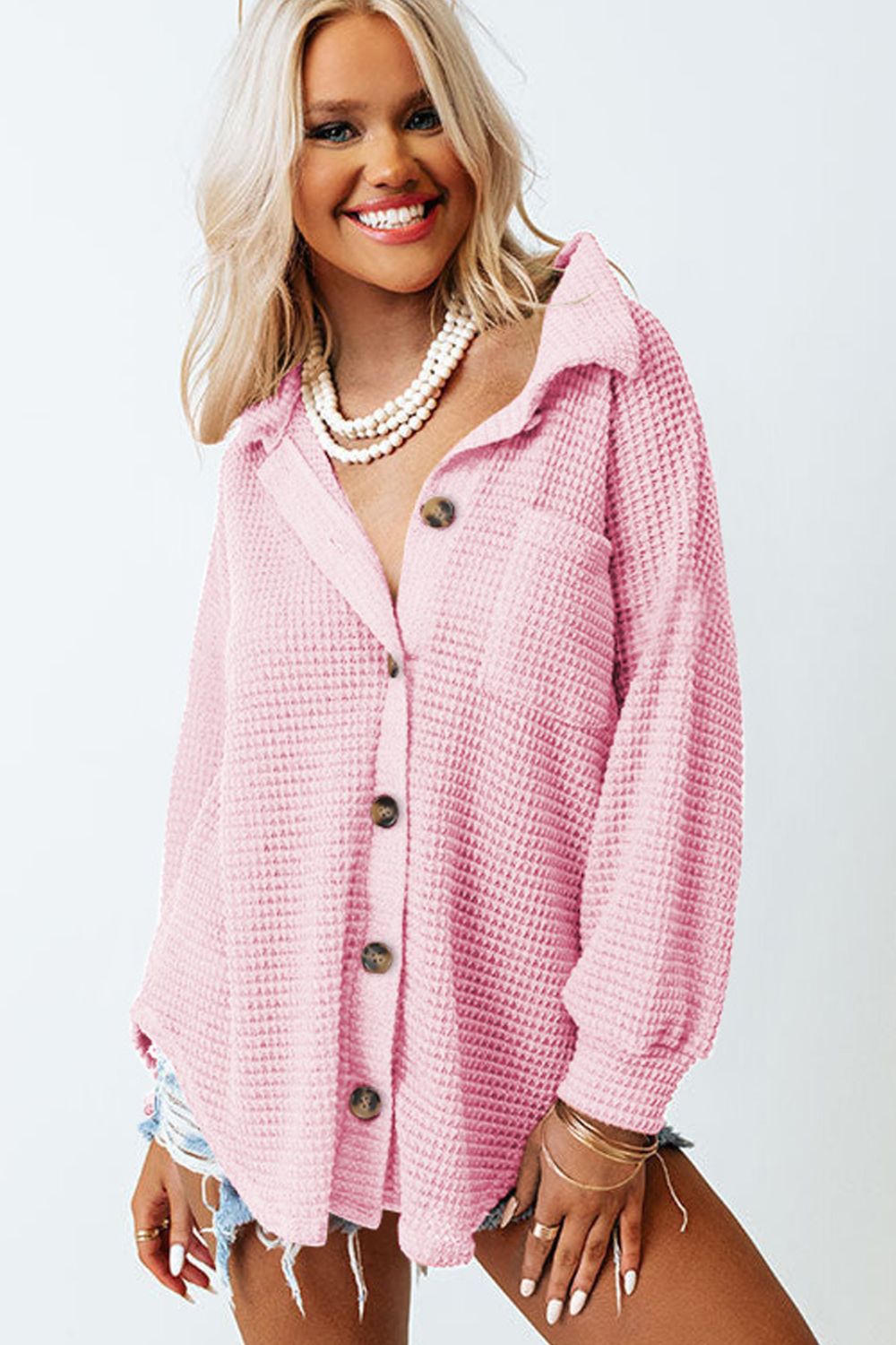 Waffle-Knit Collared Neck Long Sleeve Shirt - The Daily Makeover