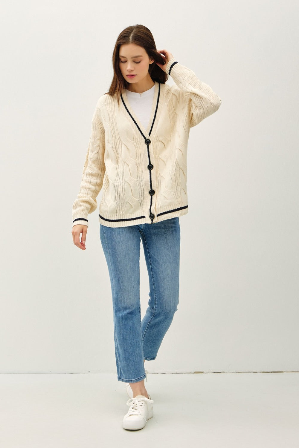 Be Cool Contrast Trim Cable-Knit V-Neck Cardigan - The Daily Makeover