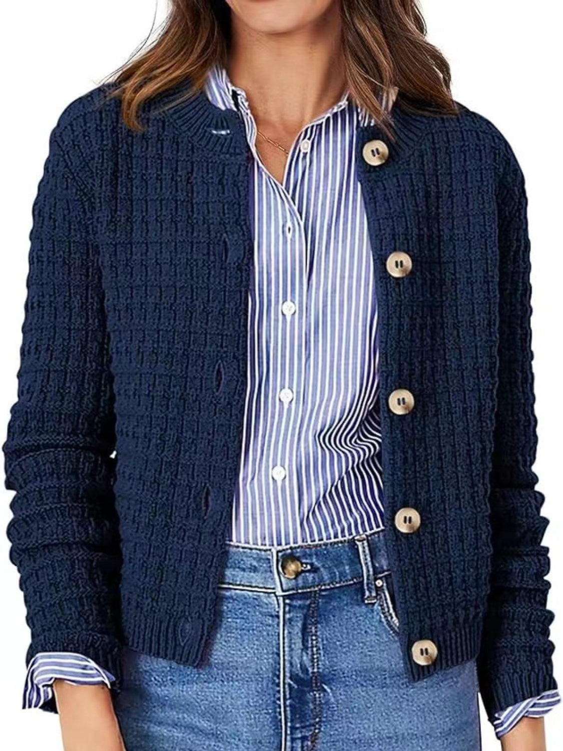 Button Up Round Neck Long Sleeve Cardigan - The Daily Makeover