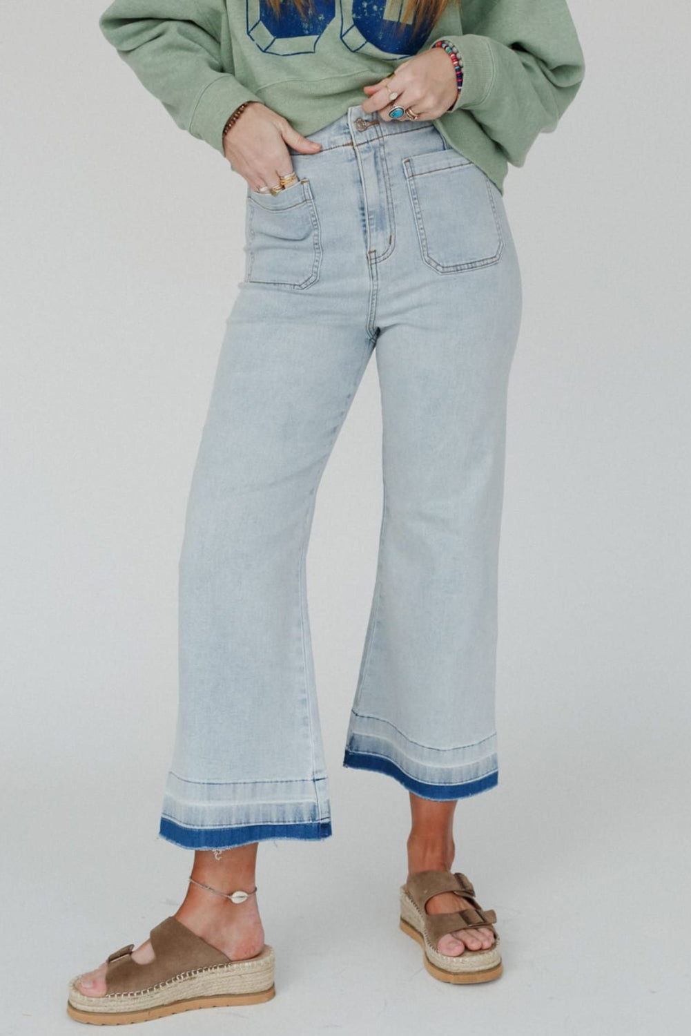 Beau Blue Acid Washed Contrast Hem Pocketed Cropped Jeans - The Daily Makeover