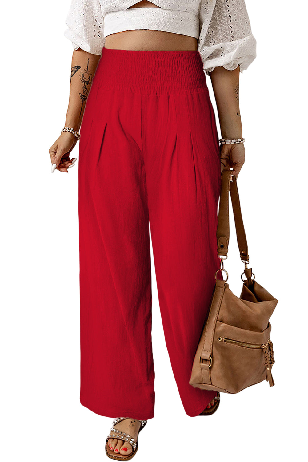 Khaki Smocked Wide Waistband High Waist Wide Leg Pants - The Daily Makeover