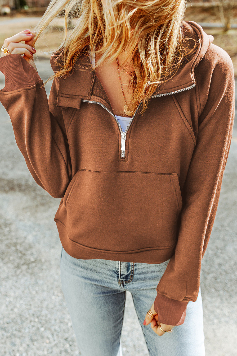 Double Take Half-Zip Thumbhole Sleeve Hoodie - The Daily Makeover
