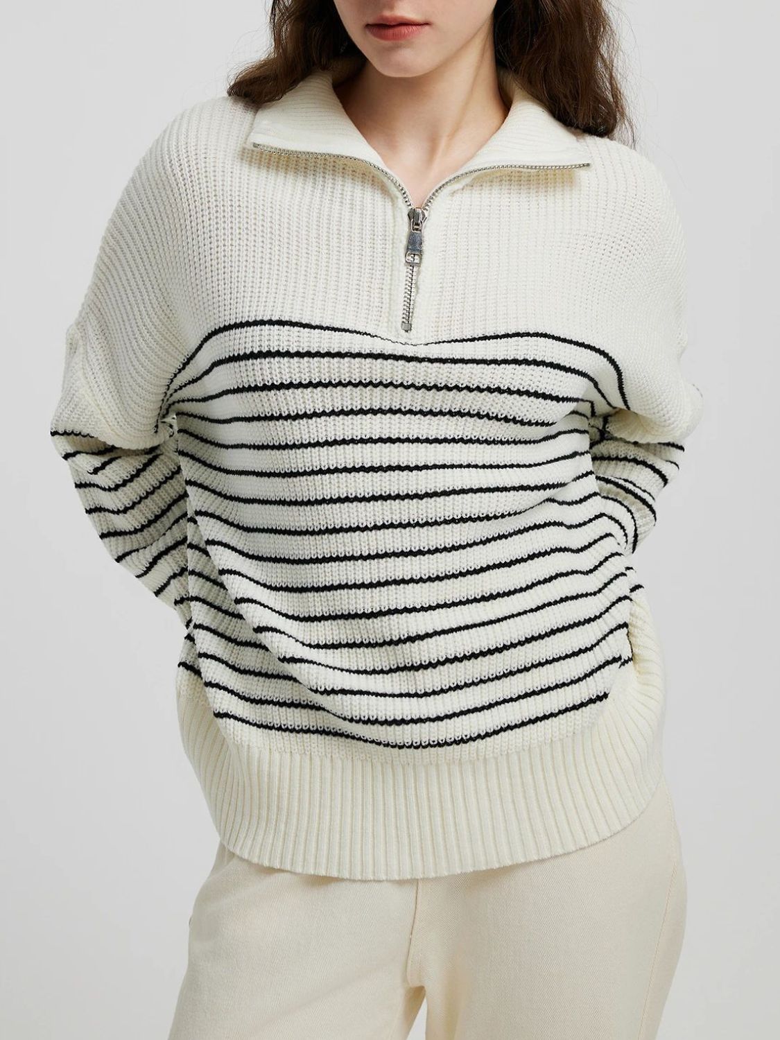 Striped Half Zip Long Sleeve Sweater - The Daily Makeover
