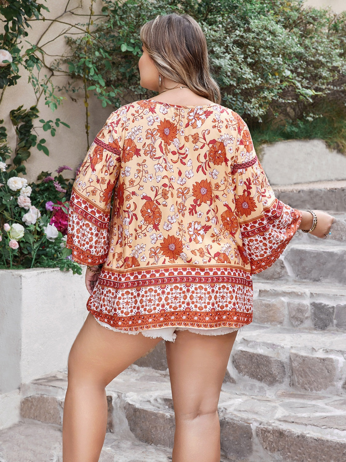 Plus Size Printed V-Neck Three-Quarter Sleeve Blouse - The Daily Makeover