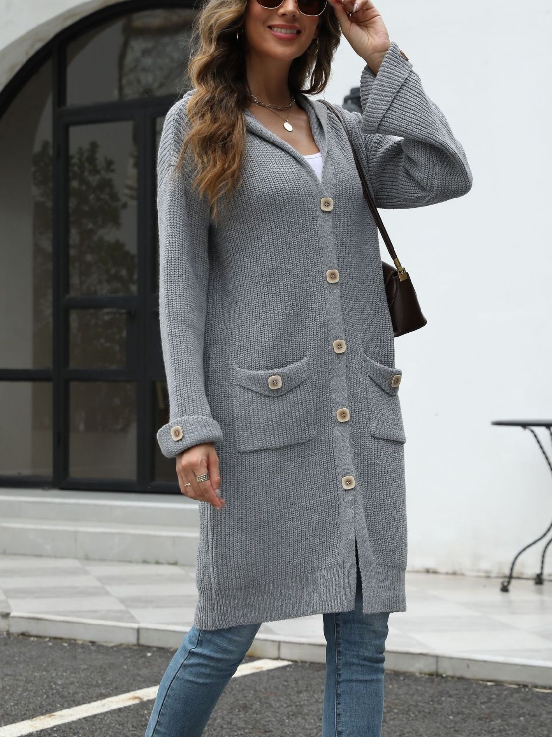 Pocketed Button Up Long Sleeve Hooded Cardigan - The Daily Makeover