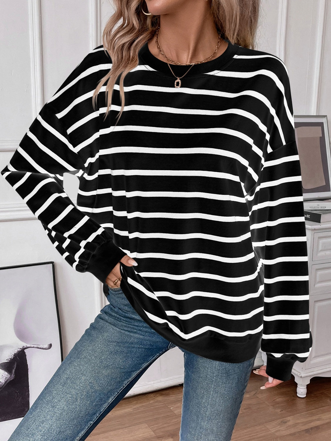 Striped Round Neck Long Sleeve Sweatshirt - The Daily Makeover