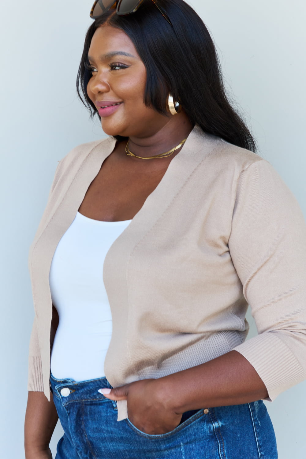 Doublju My Favorite Full Size 3/4 Sleeve Cropped Cardigan in Khaki - The Daily Makeover