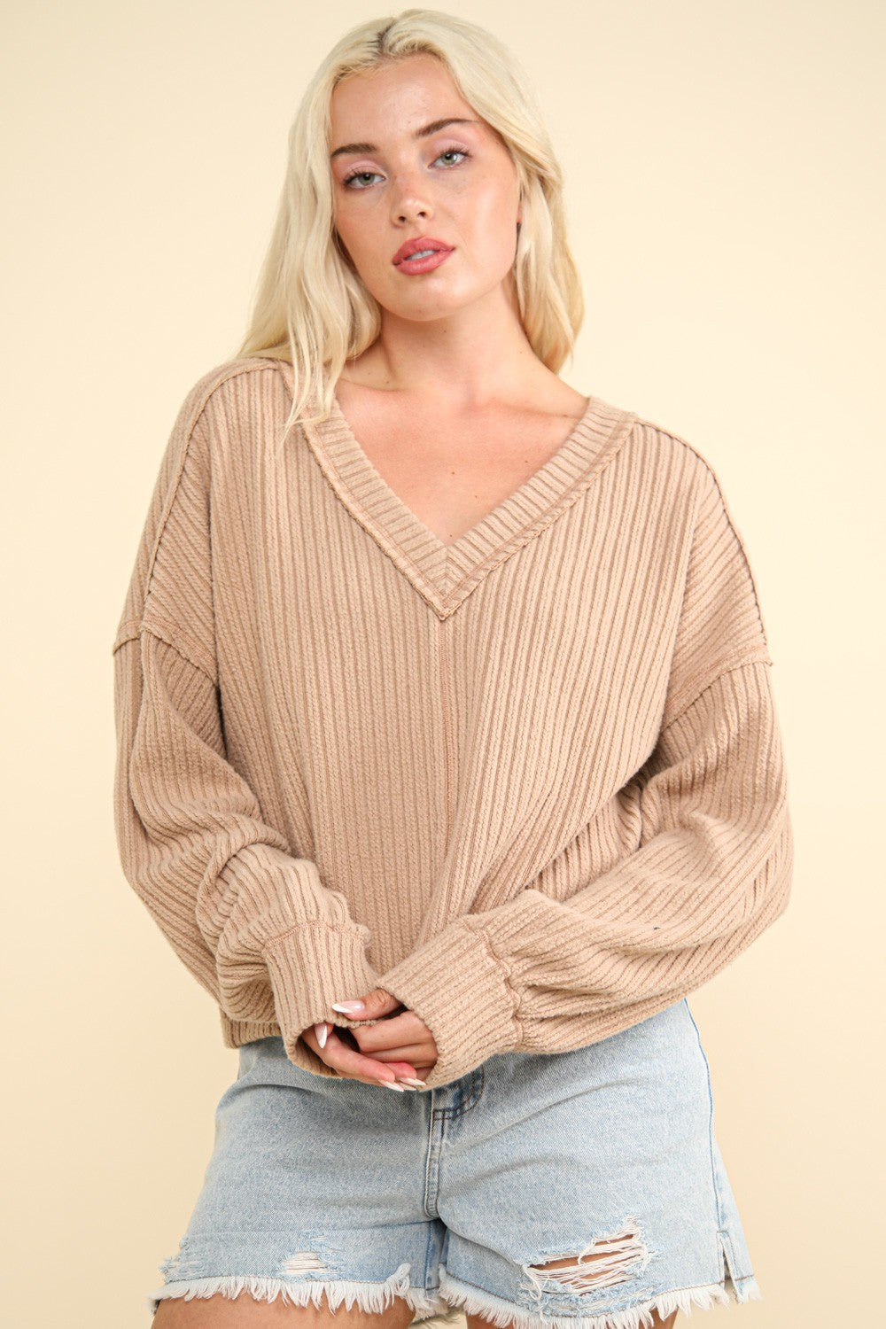 VERY J Exposed Seam V-Neck Ribbed Knit Top - The Daily Makeover
