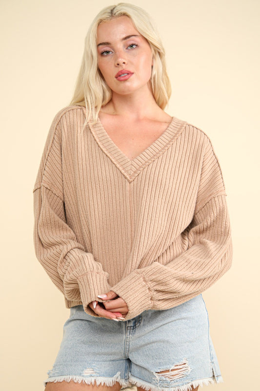 VERY J Exposed Seam V-Neck Ribbed Knit Top - The Daily Makeover