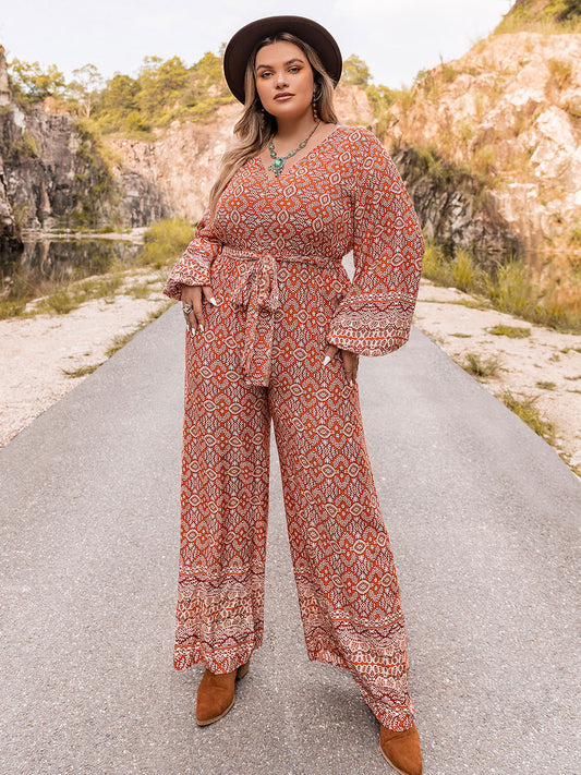 Plus Size Printed V-Neck Tie Front Balloon Sleeve Jumpsuit - The Daily Makeover