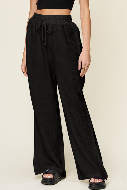 Double Take Full Size Texture Drawstring Wide Leg Pants - The Daily Makeover