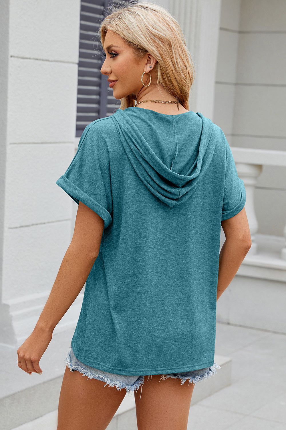 Half Button Drawstring Short Sleeve Hooded T-Shirt - The Daily Makeover
