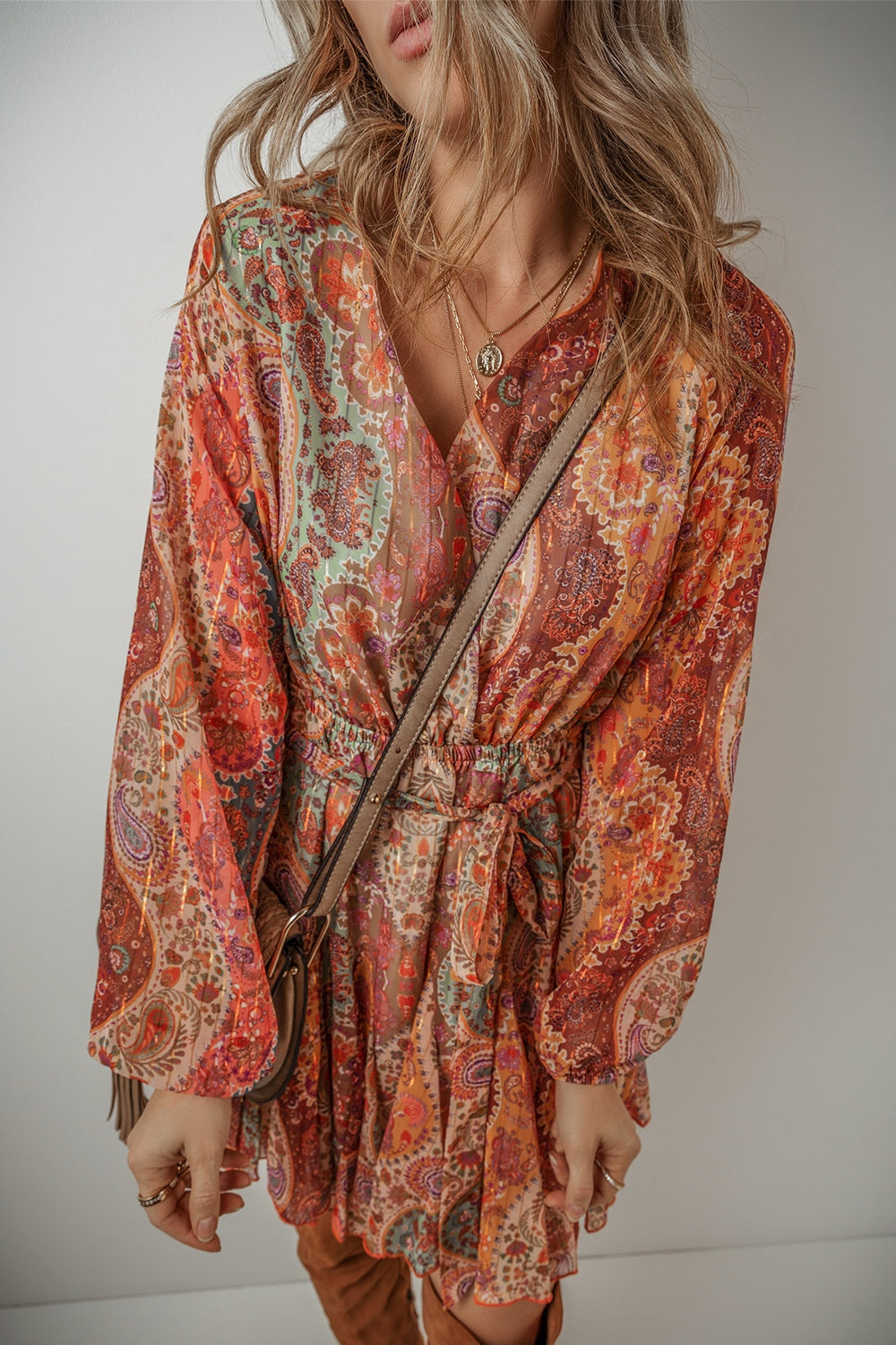 Tied Printed Balloon Sleeve Mini Dress - The Daily Makeover