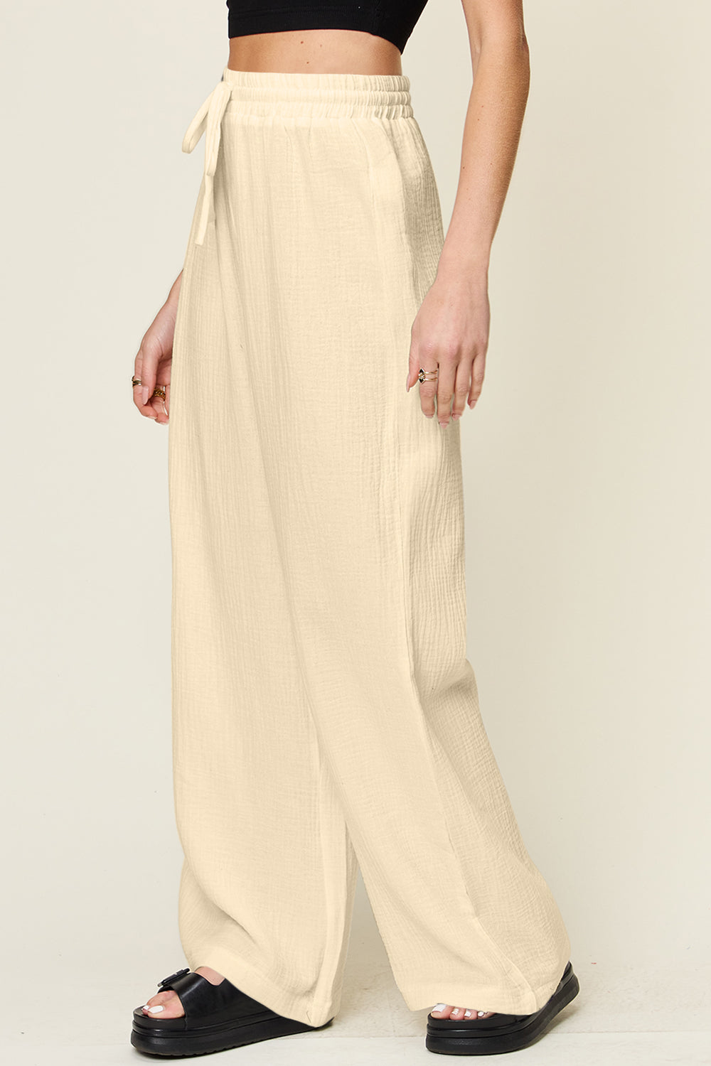 Double Take Full Size Texture Drawstring Wide Leg Pants - The Daily Makeover