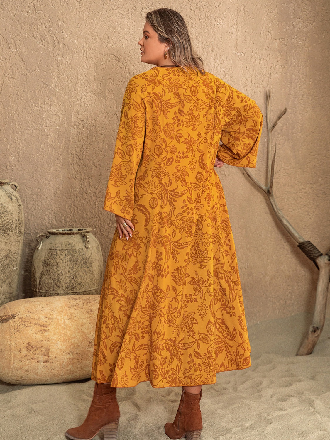 Plus Size Printed Slit Long Sleeve Dress - The Daily Makeover