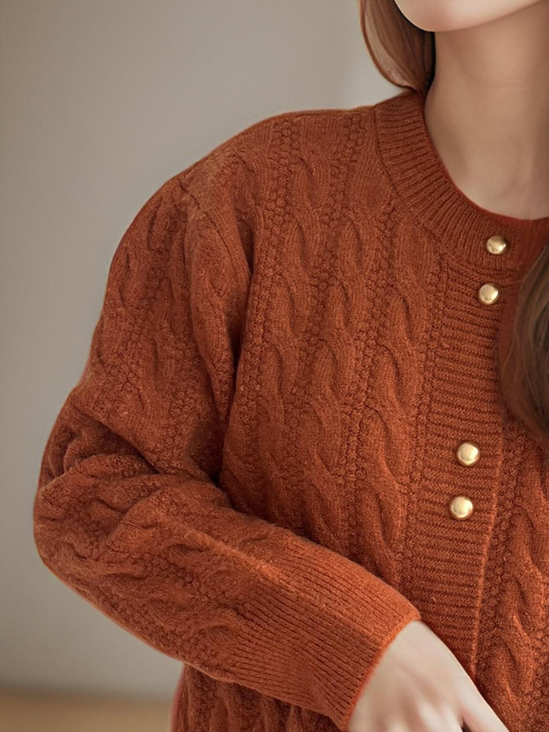 Cable-Knit Round Neck Long Sleeve Cardigan - The Daily Makeover
