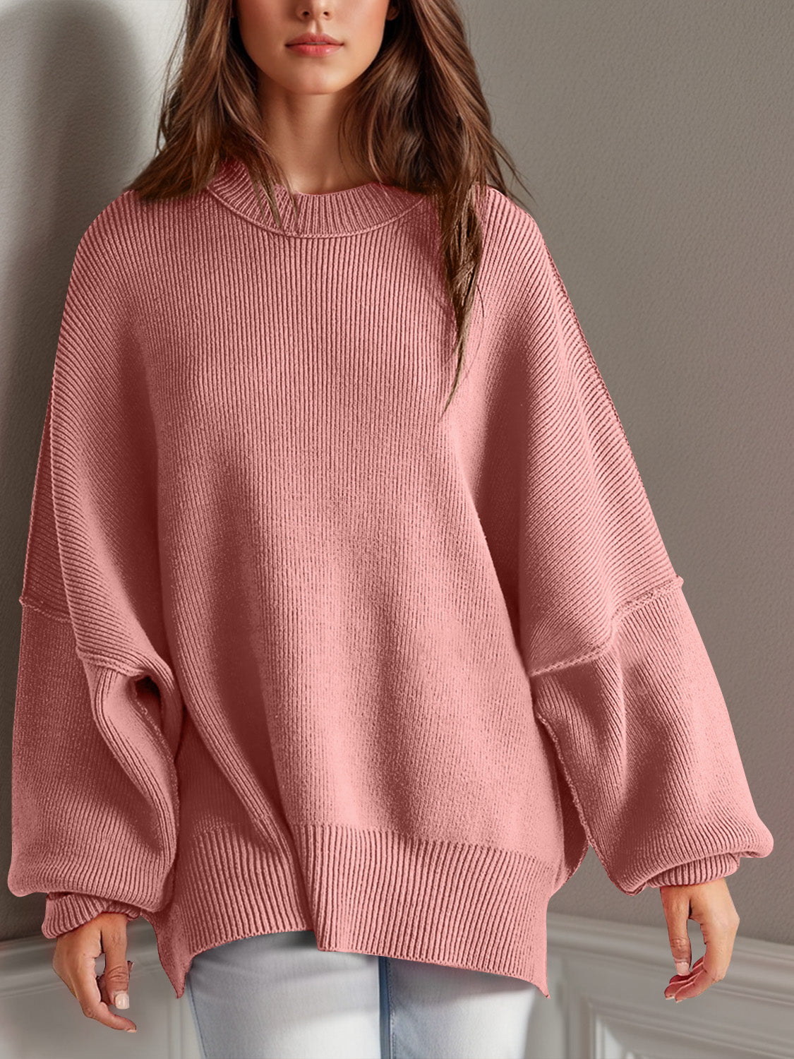 Double Take Side Slit Round Neck Long Sleeve Sweater - The Daily Makeover