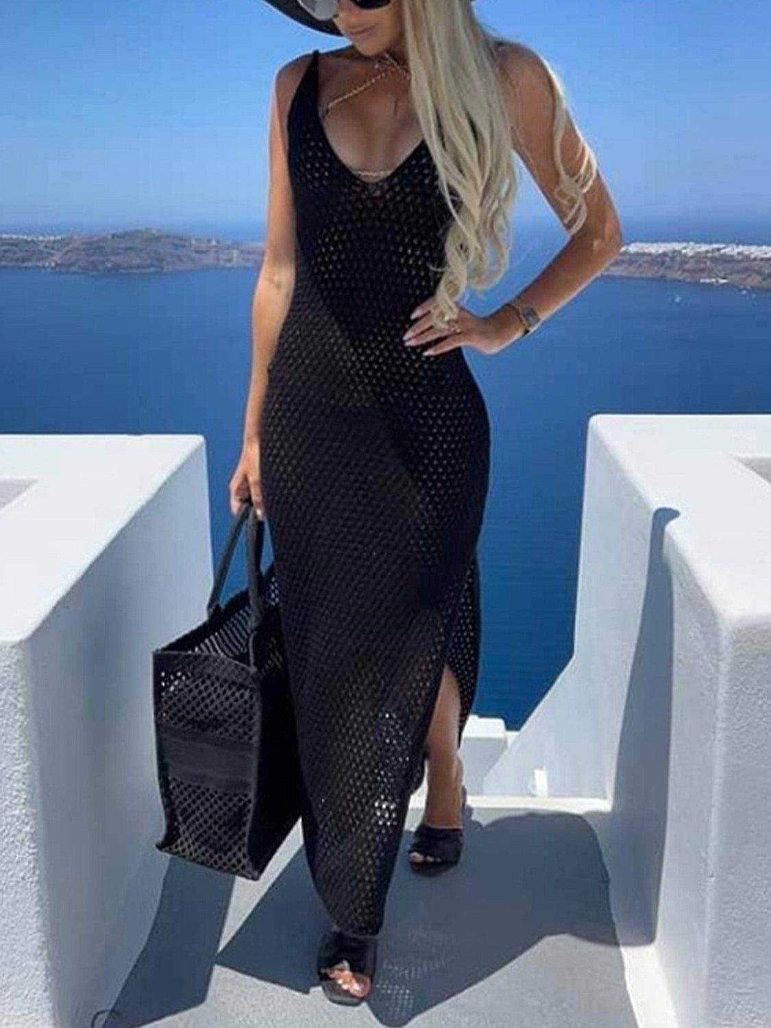 Slit Openwork V-Neck Sleeveless Cover Up - The Daily Makeover