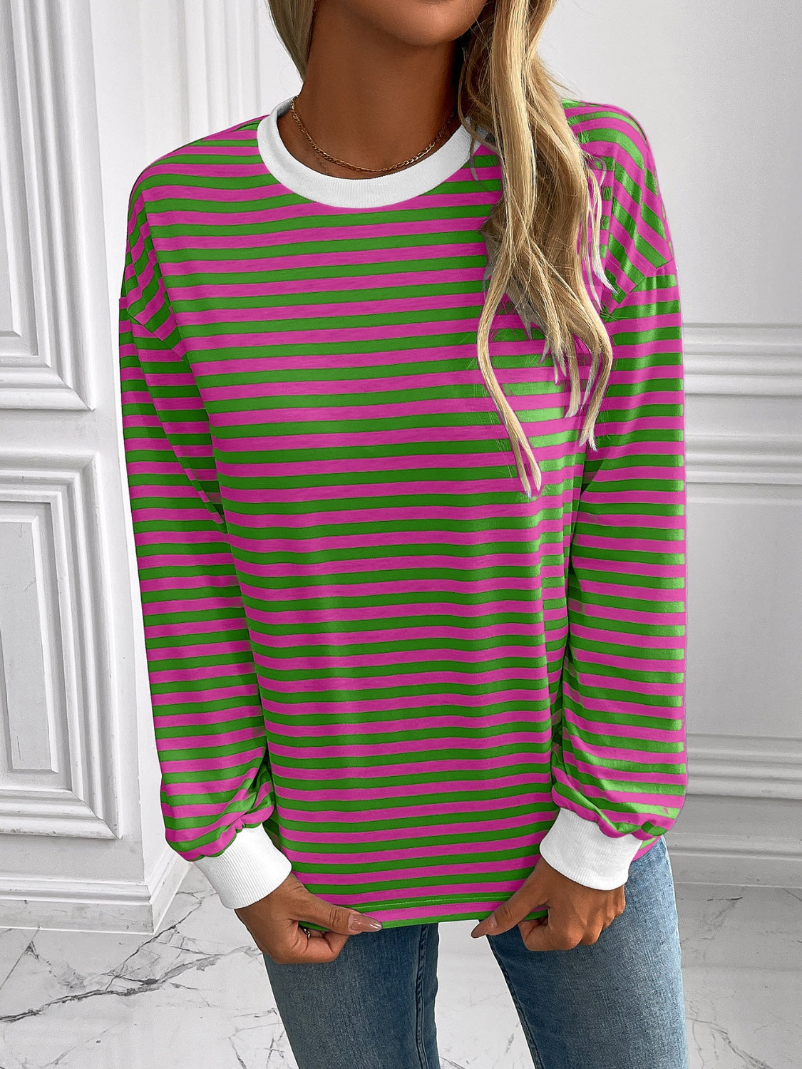 Ivy Lane Striped Round Neck Long Sleeve Sweatshirt - The Daily Makeover