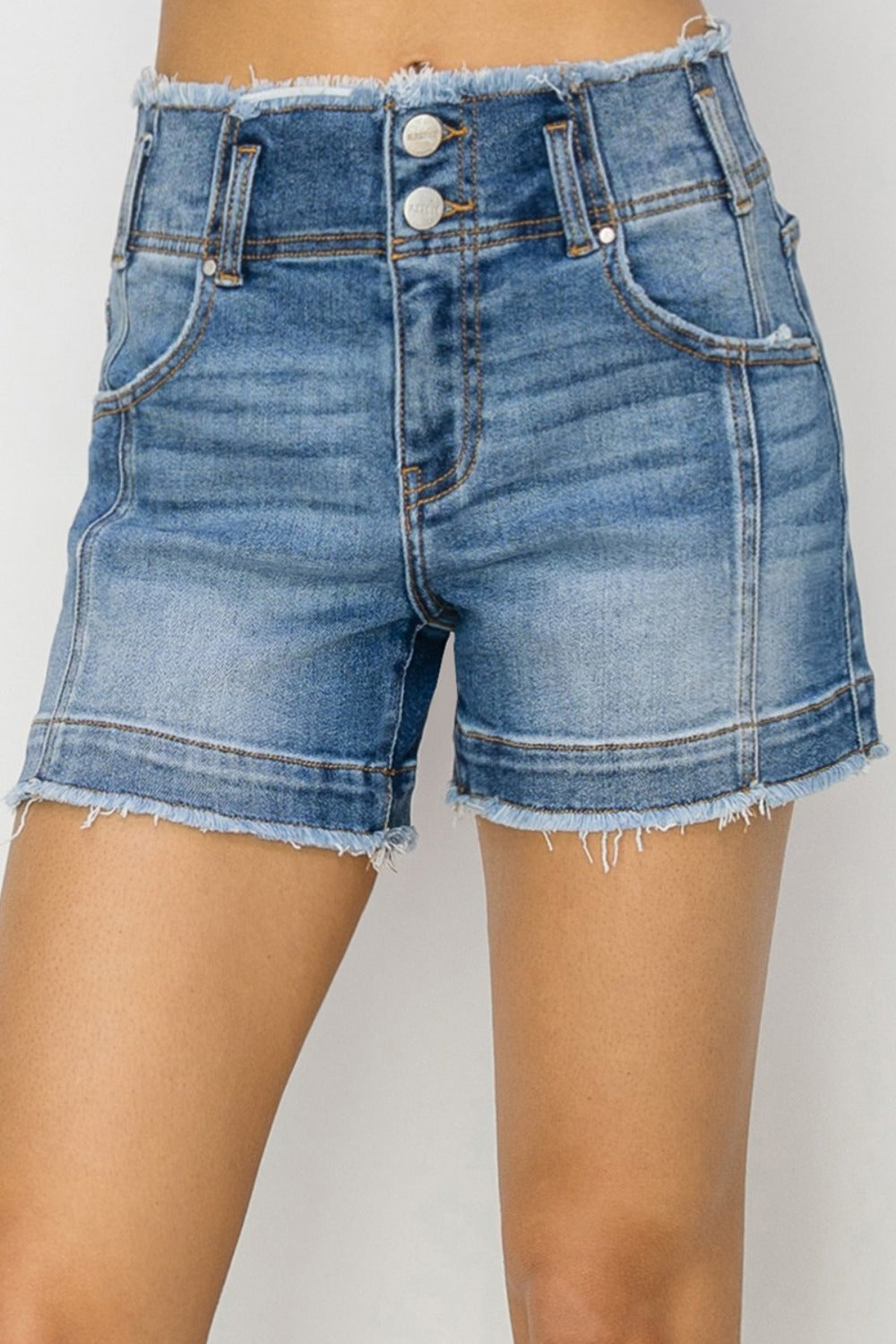 RISEN High Rise Seam Detailed Raw Edge Denim Shorts - The Daily Makeover