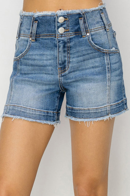 RISEN High Rise Seam Detailed Raw Edge Denim Shorts - The Daily Makeover