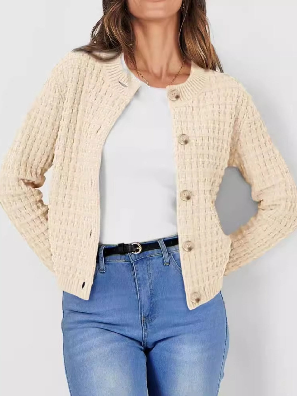 Button Up Round Neck Long Sleeve Cardigan - The Daily Makeover