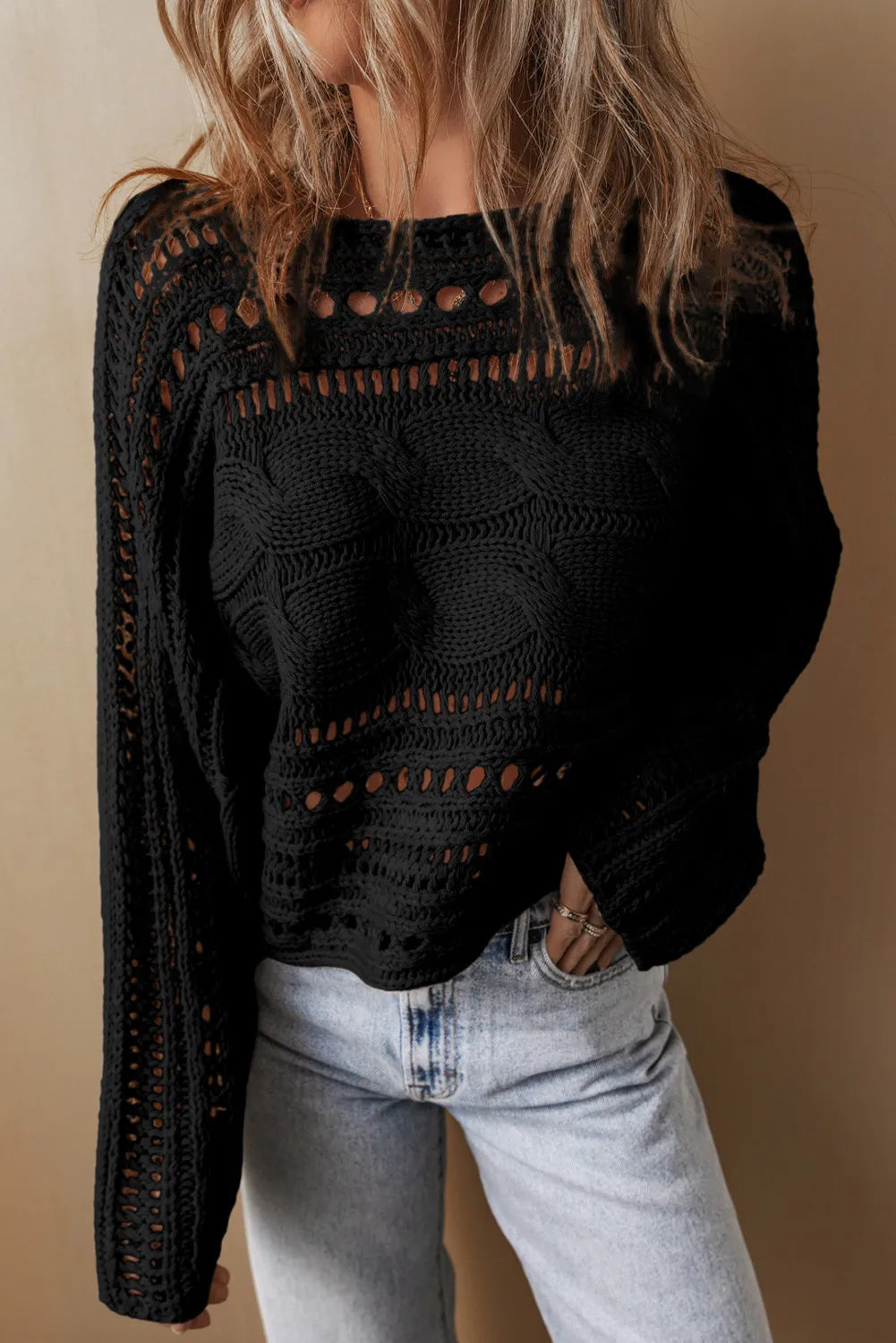 Cable-Knit Openwork Long Sleeve Sweater - The Daily Makeover