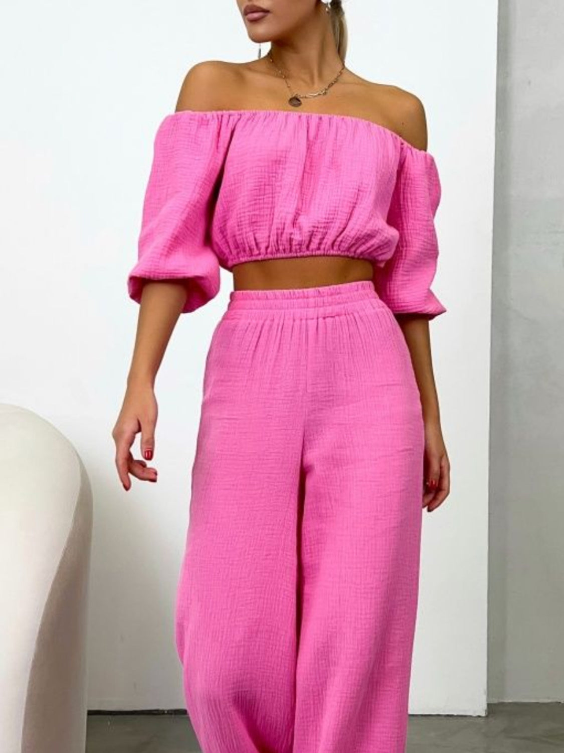 Off Shoulder Long Sleeve Top and Pants Set - The Daily Makeover