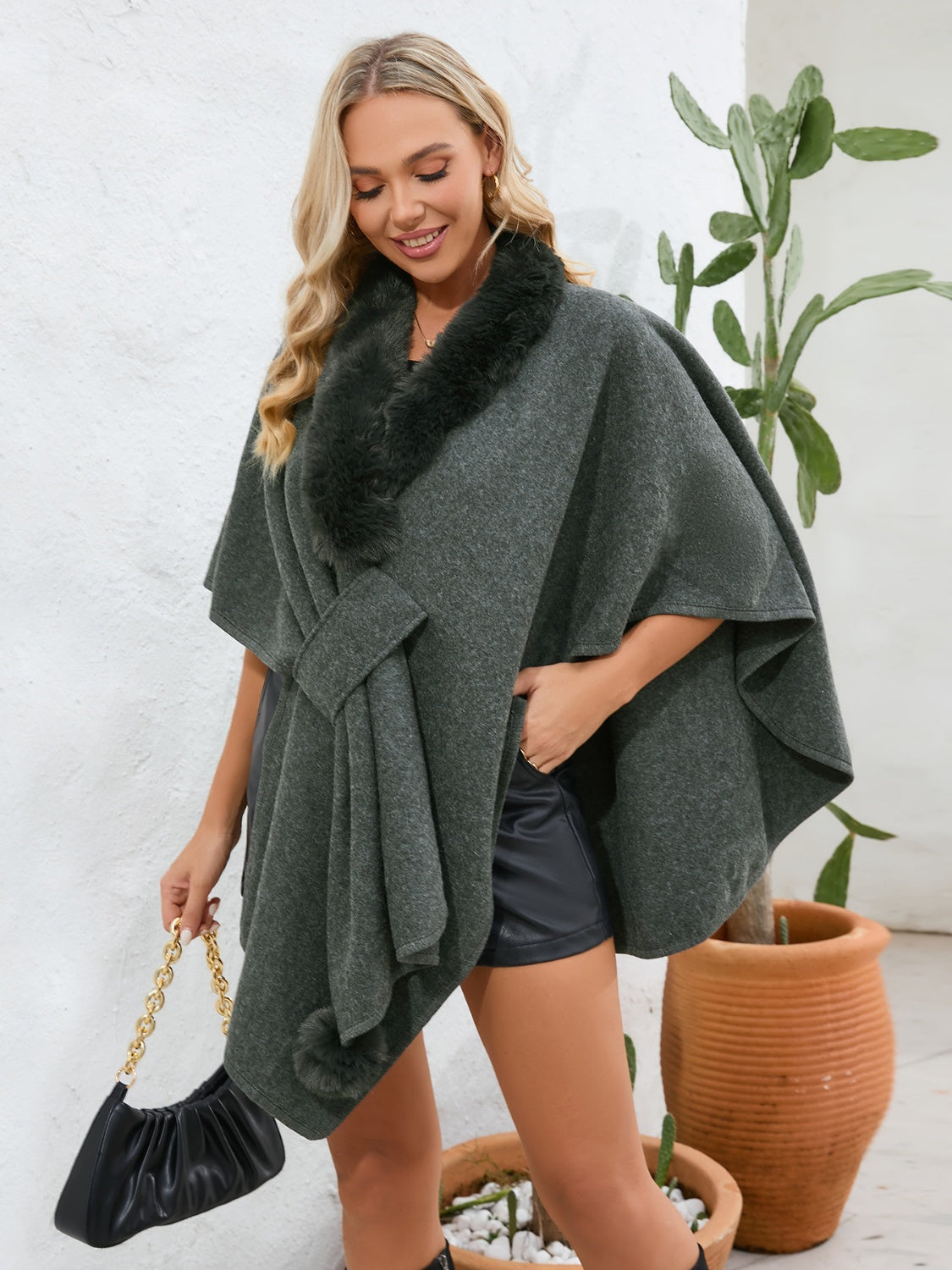Fuzzy Trim Open Front Poncho - The Daily Makeover