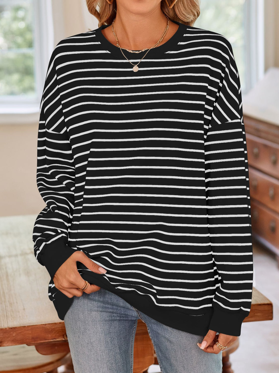 Lovelet Striped Round Neck Long Sleeve Sweatshirt - The Daily Makeover