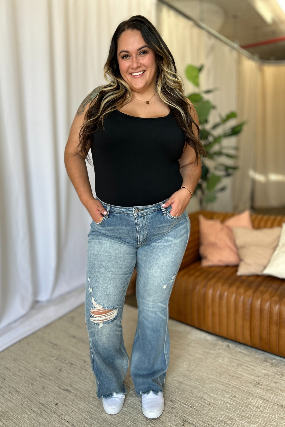 Judy Blue Full Size Medium Rise Tummy Control Destroy Flare - The Daily Makeover