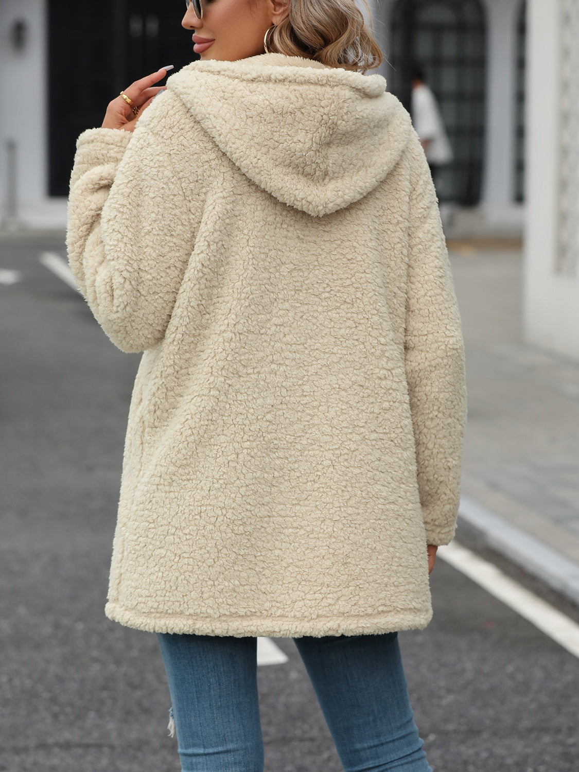 Fuzzy Zip Up Long Sleeve Hooded Jacket - The Daily Makeover