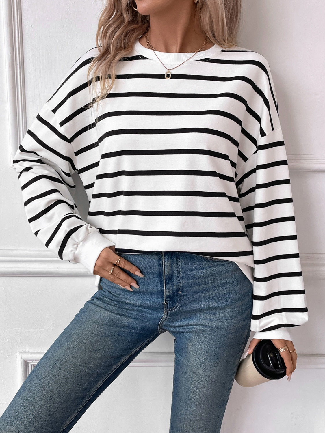 Striped Round Neck Long Sleeve Sweatshirt - The Daily Makeover