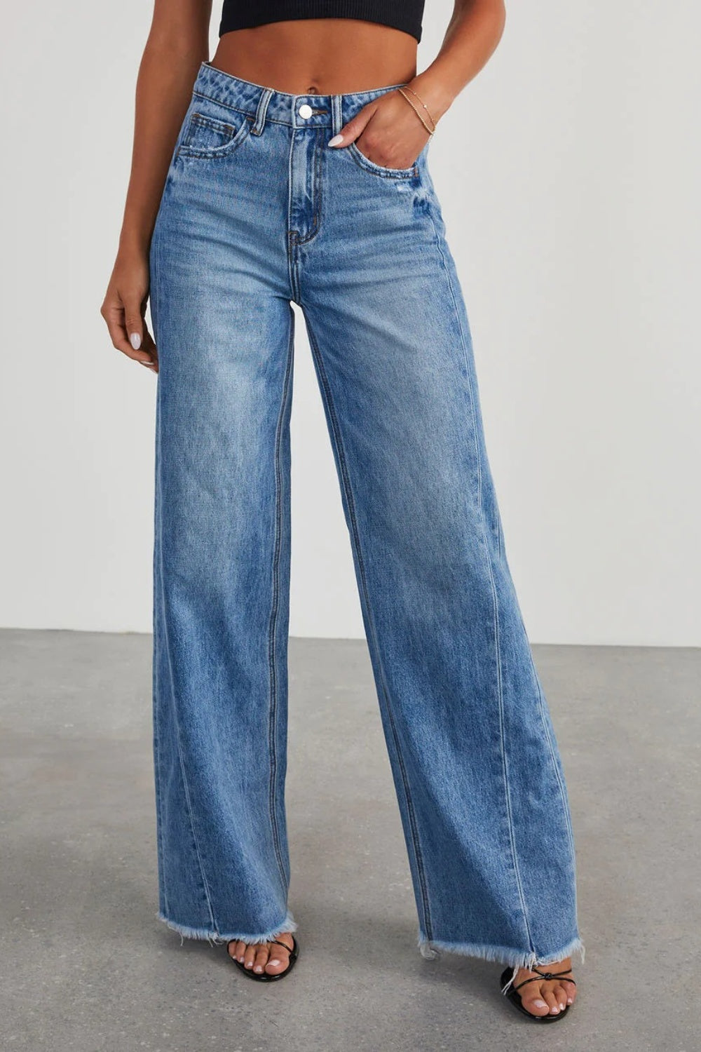 Raw Hem Wide Leg Jeans with Pockets - The Daily Makeover