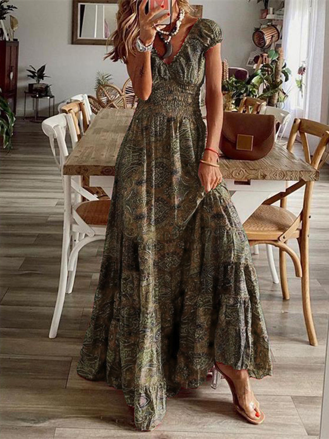 Full Size Smocked Printed V-Neck Short Sleeve Dress - The Daily Makeover