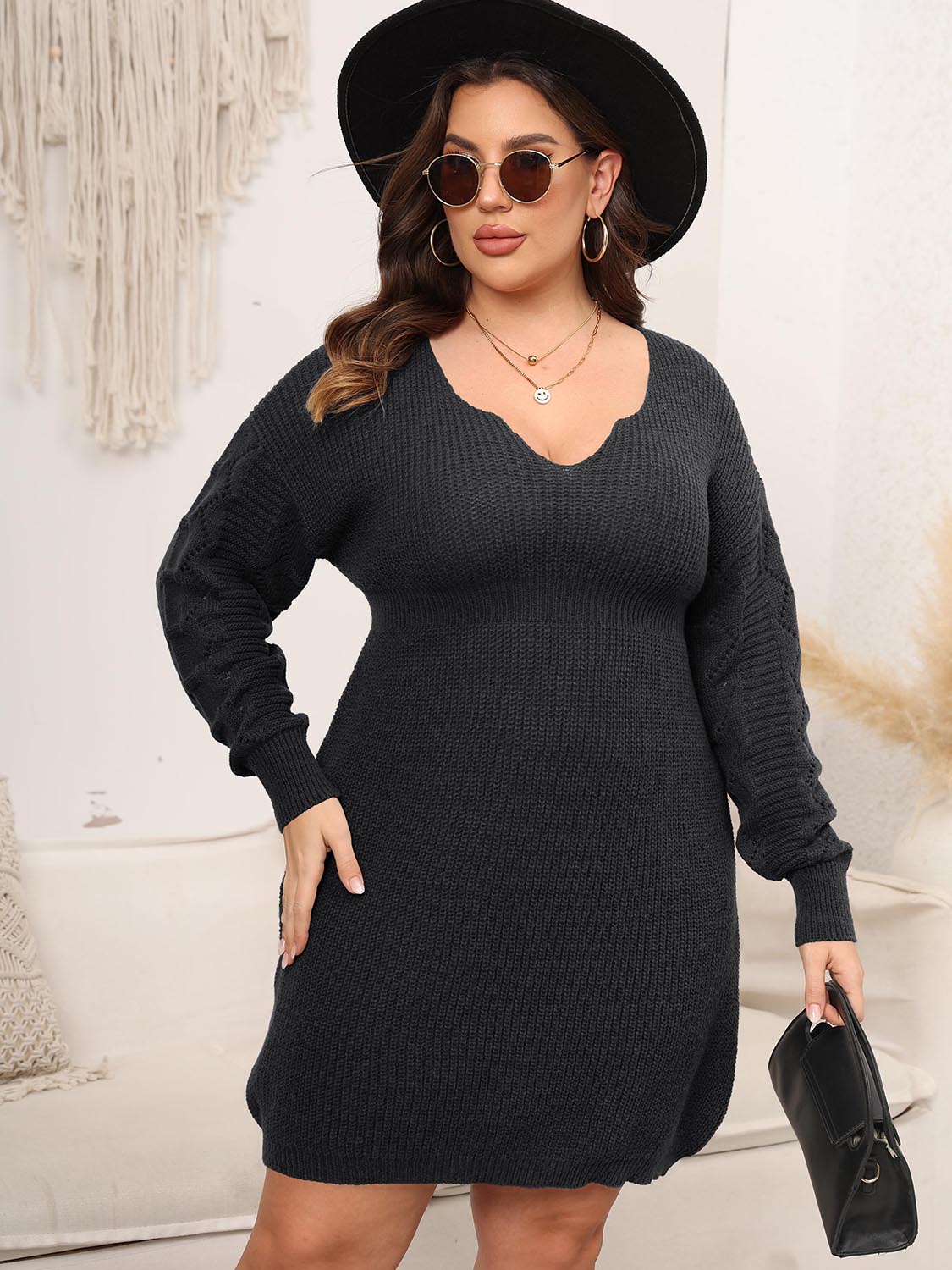 Plus Size Dropped Shoulder Long Sleeve Knit Mini Dress - The Daily Makeover