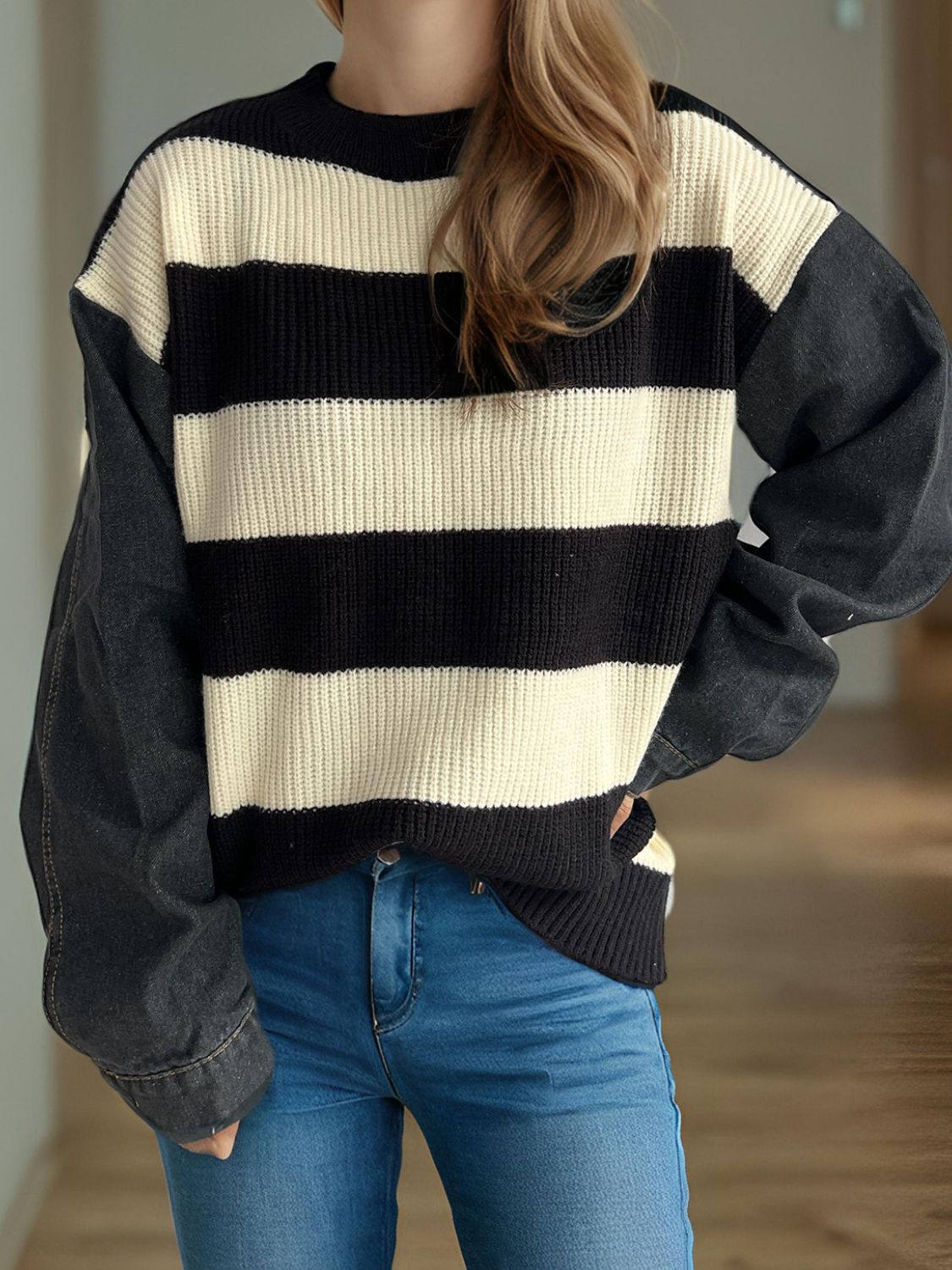 Contrast Round Neck Long Sleeve Sweater - The Daily Makeover