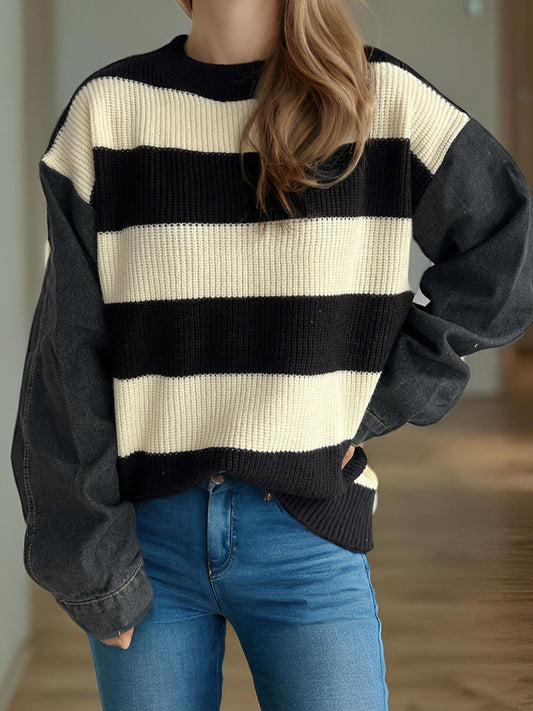 Contrast Round Neck Long Sleeve Sweater - The Daily Makeover