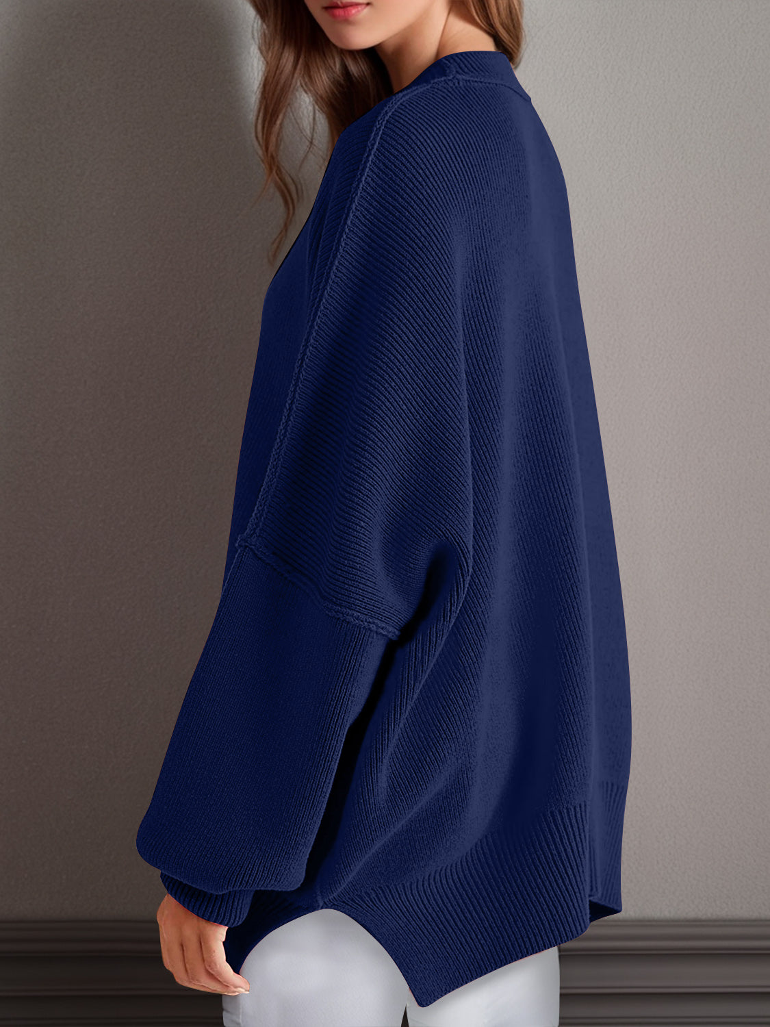 Double Take Side Slit Round Neck Long Sleeve Sweater - The Daily Makeover