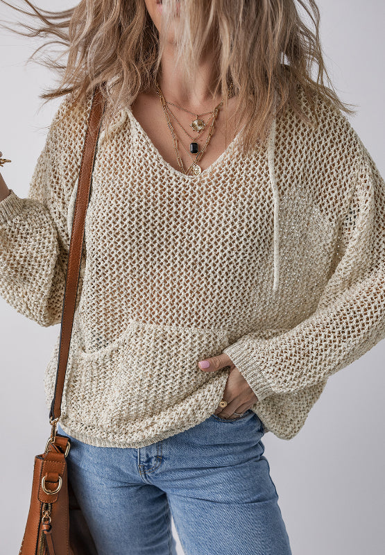 Openwork Dropped Shoulder Hooded Knit Top - The Daily Makeover